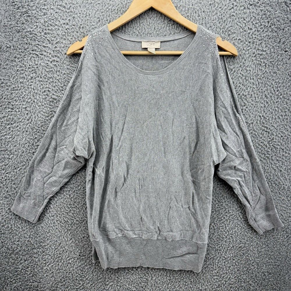 LOFT OUTLET Womens M Gray Pullover Long Sleeve Sweater‎ Cold Shoulder Jewels